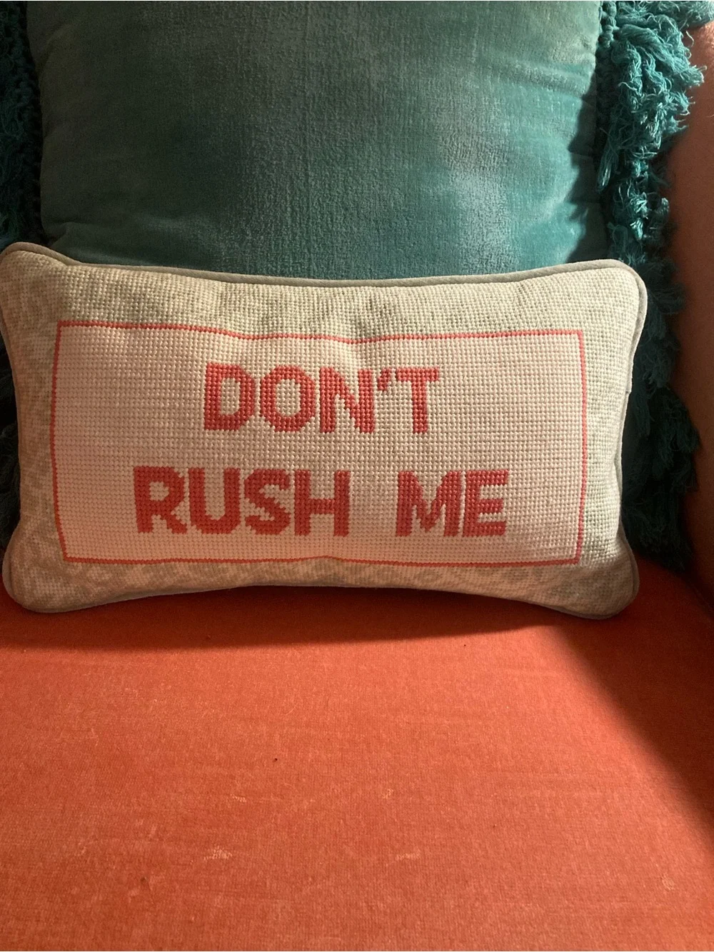 Rachel Zoe Coral Text 'DON'T RUSH ME' Lumbar Pillow on Cream
